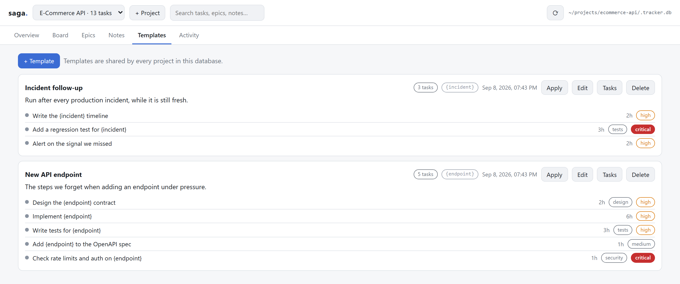 The templates tab, showing each template with the tasks it creates