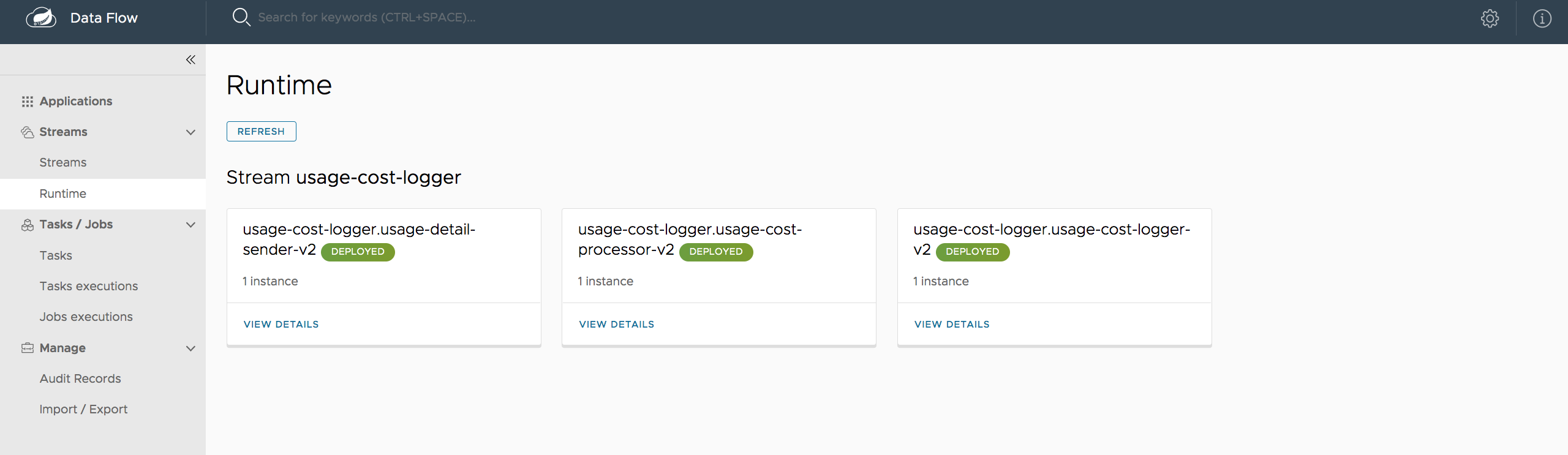 Data Flow UI Grafana Buttons - Applications