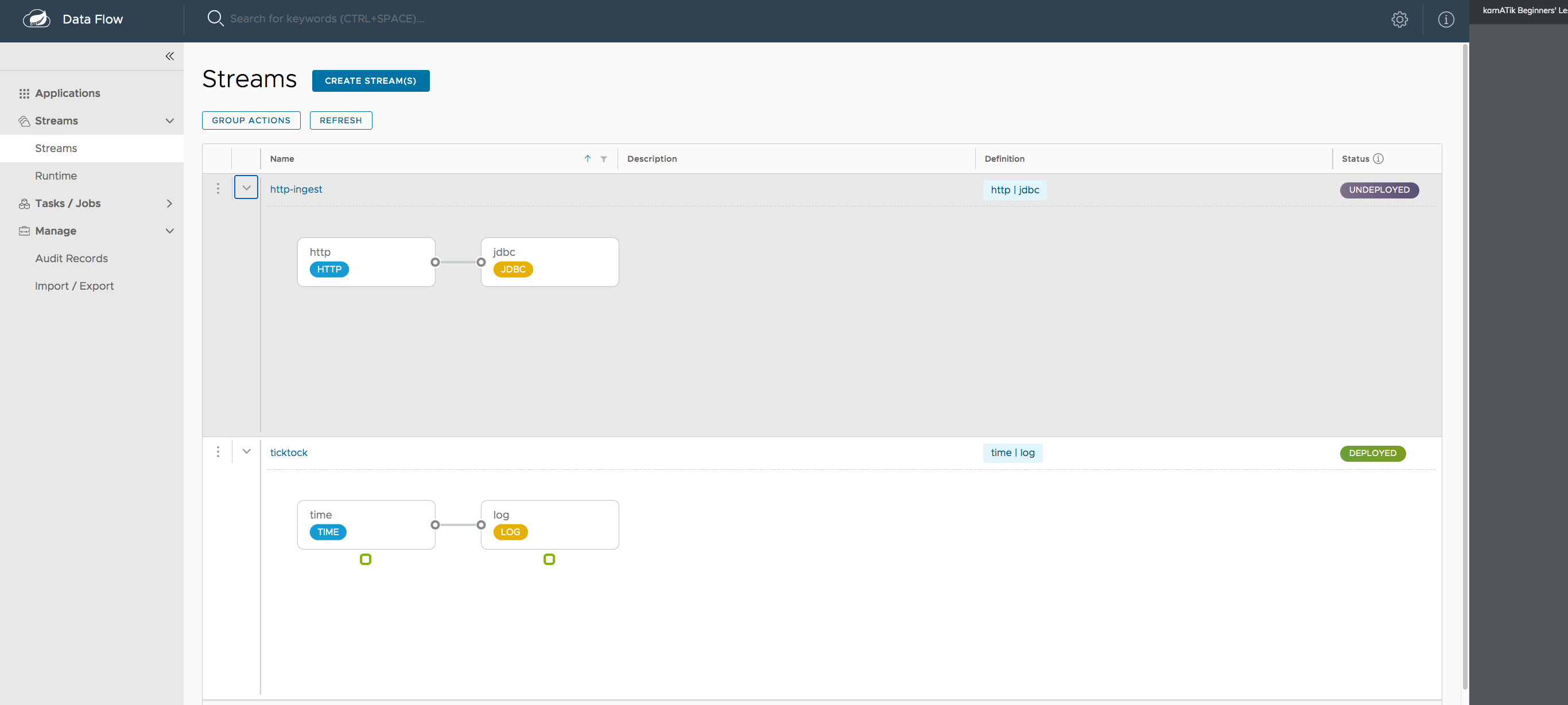 Data Flow UI Grafana Buttons - Streams