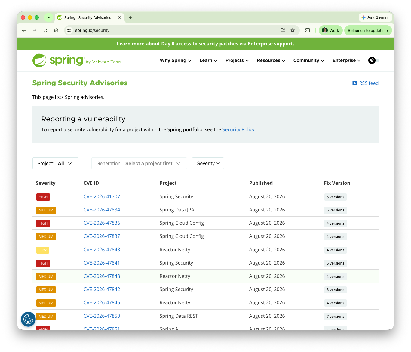 Spring.io's new security advisory page