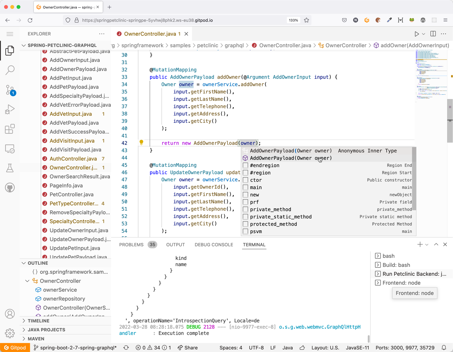 SpringBoot PetClinic in GitPod Workspace