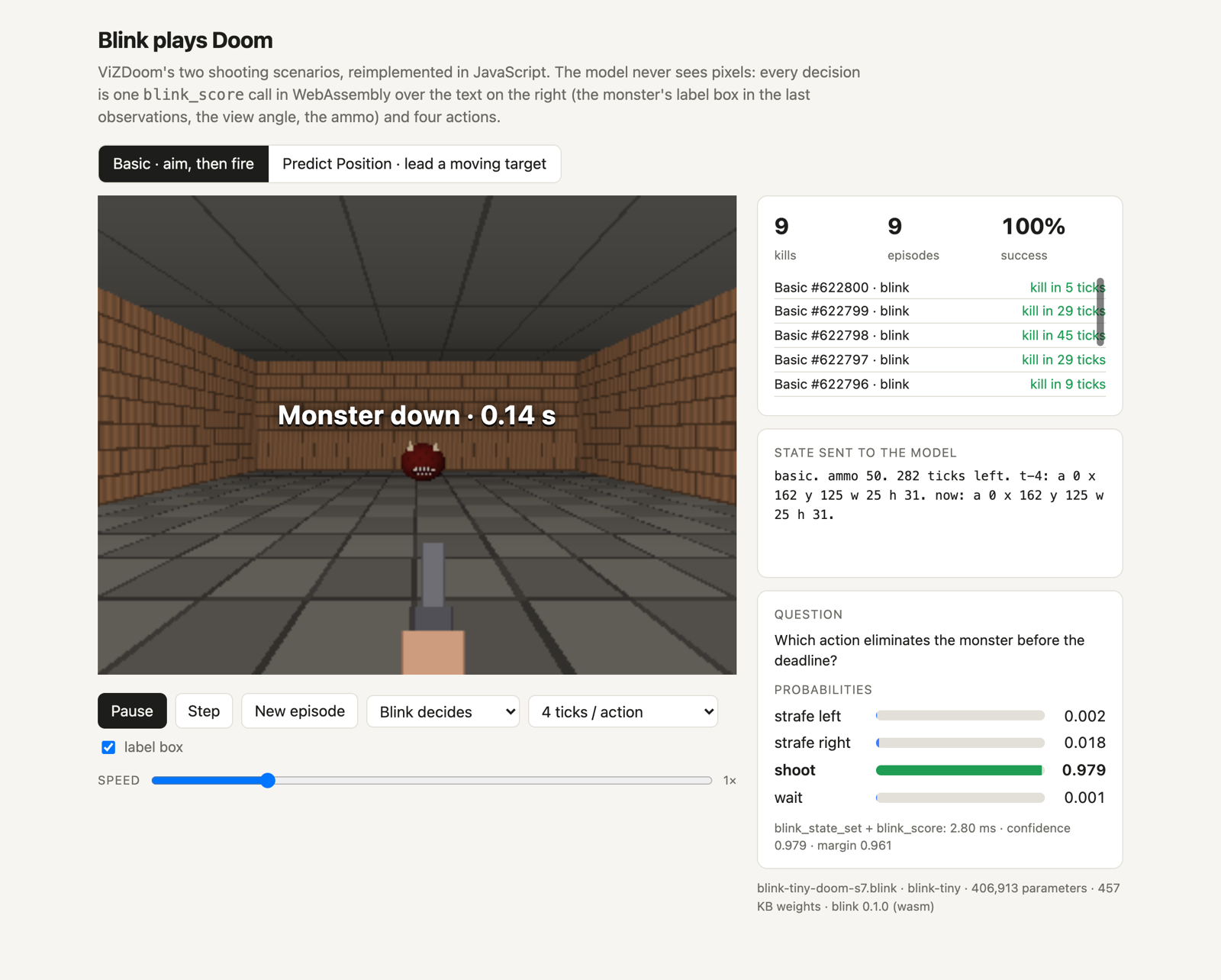 Blink plays Doom in the browser: the Basic scenario after nine kills in nine episodes, with the label-box text sent to the model and the probability of each action