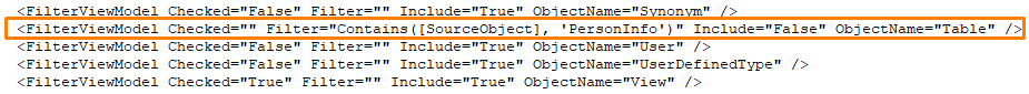 The filter tells to exclude tables containing PersonInfo