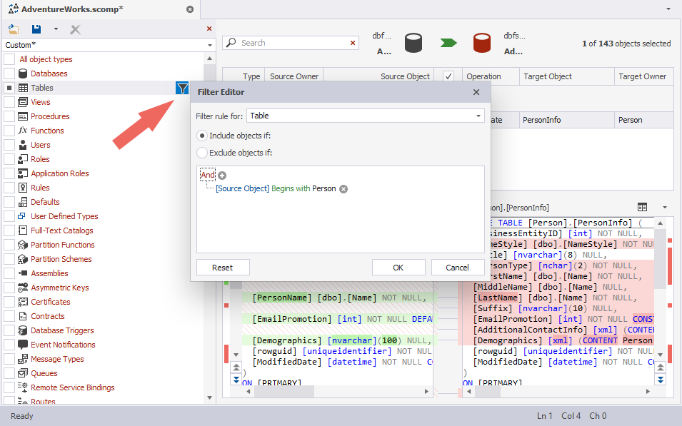 Configure the filter for tables