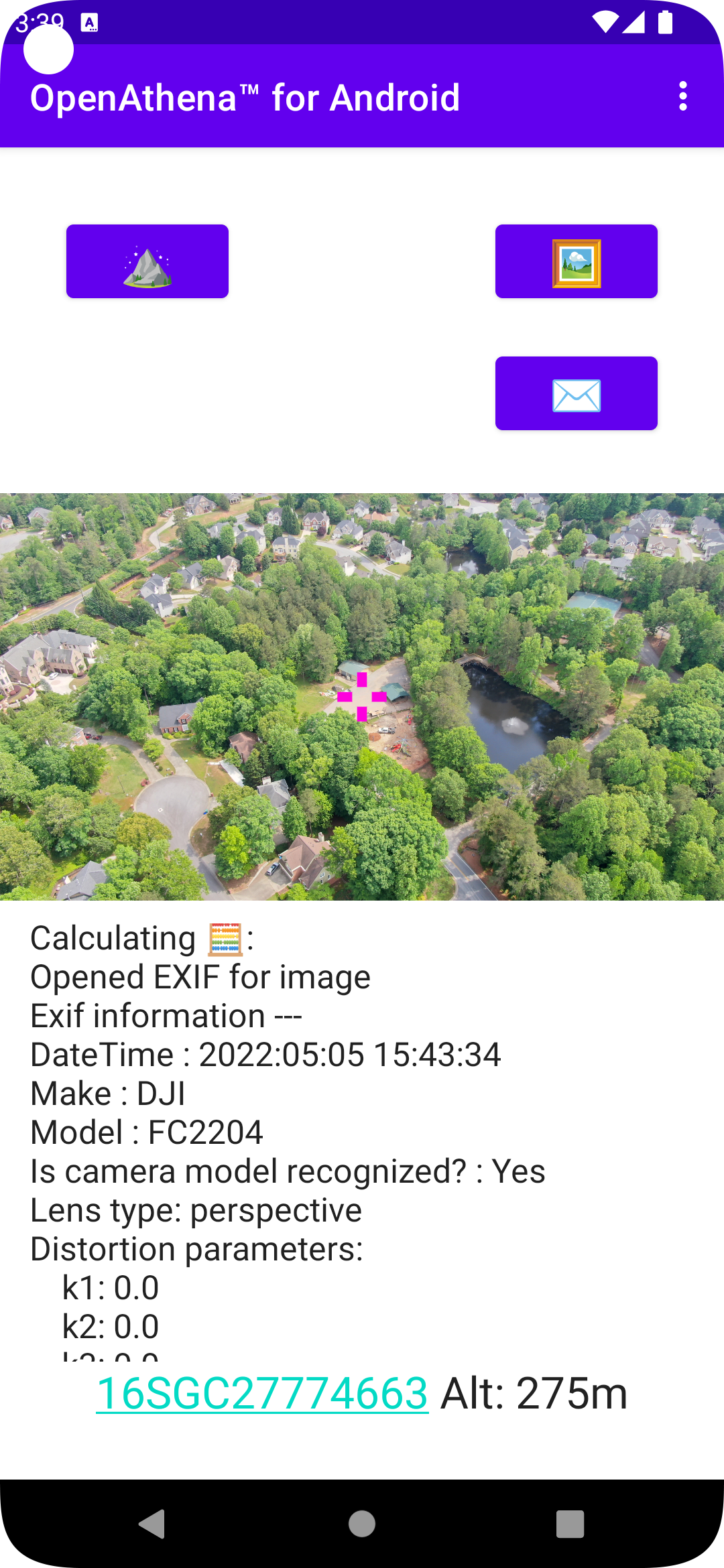 OpenAthena™ Android Target Calculation demo using cobb.tif and DJI_0419.JPG, output mode NATO MGRS 10m