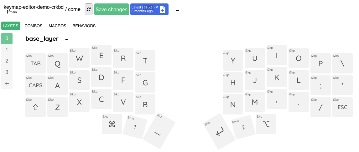 Shows a screenshot of the Keymap Editor application featuring a graphical layout of the Corne Keyboard with a keymap loaded from the nickcoutsos/keymap-editor-demo-crkbd GitHub repository.