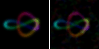 a rainbow trefoil knot orbited live, every frame rendered from one 768 KB hologram with no geometry at render time