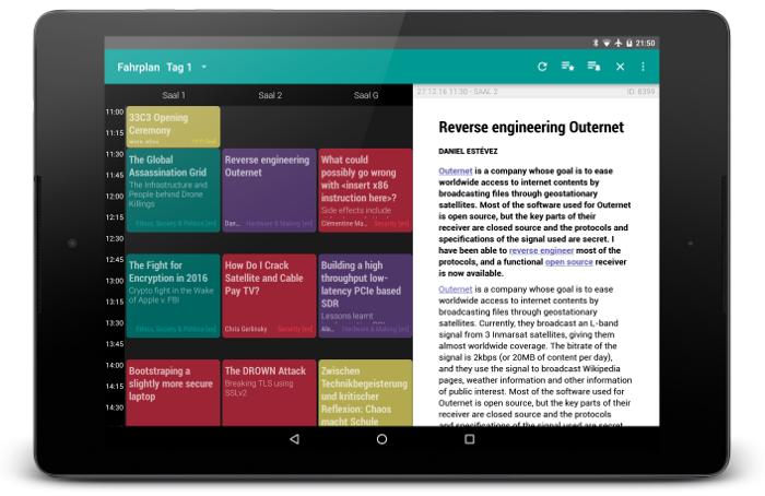 Screenshot of 33c3 Fahrplan on a tablet