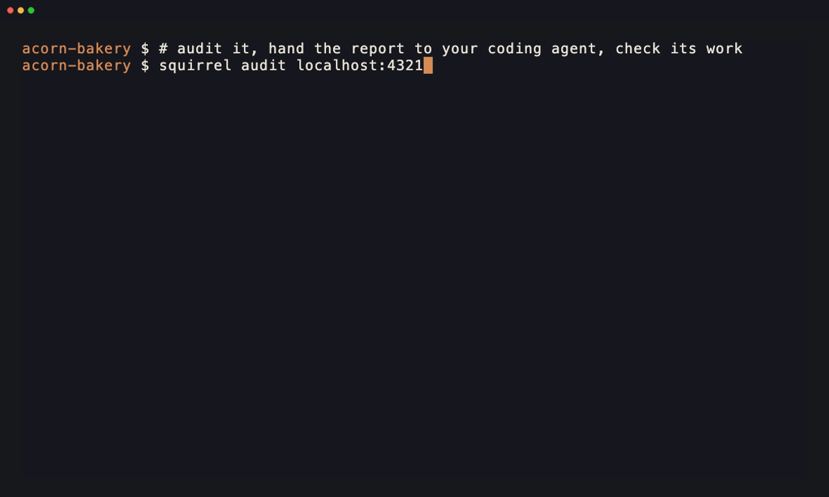 Terminal demo: squirrel audit on a small test site reports 13 failed checks, the report is piped to Claude Code, which fixes the pages and re-audits from 32/100 (F) to 92/100 (A), then git status lists the files it changed