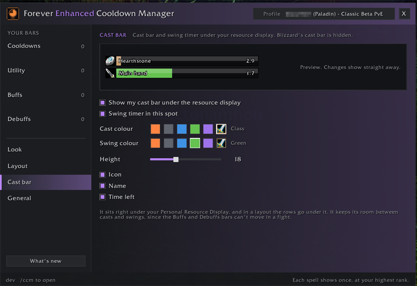 The Cast bar page, with the swing timer