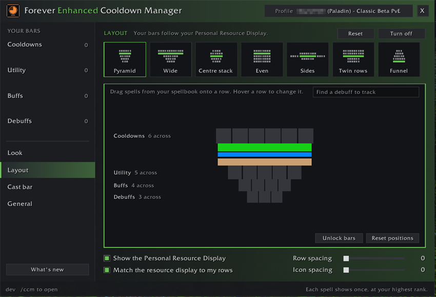 The Layout page: stack your bars around your Personal Resource Display