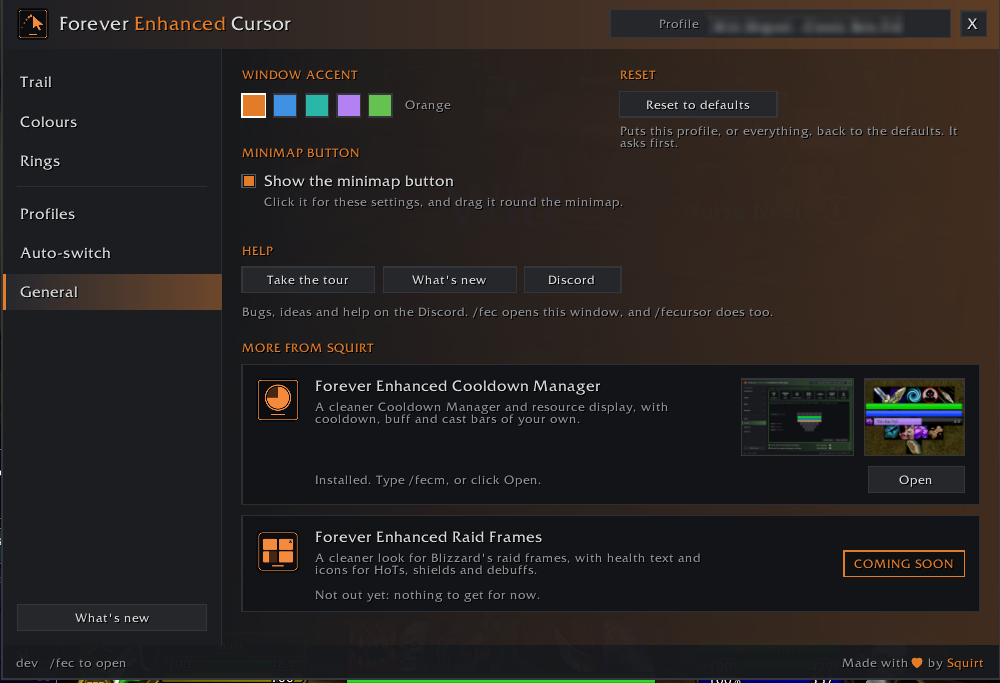 The General page, with Reset and More from Squirt