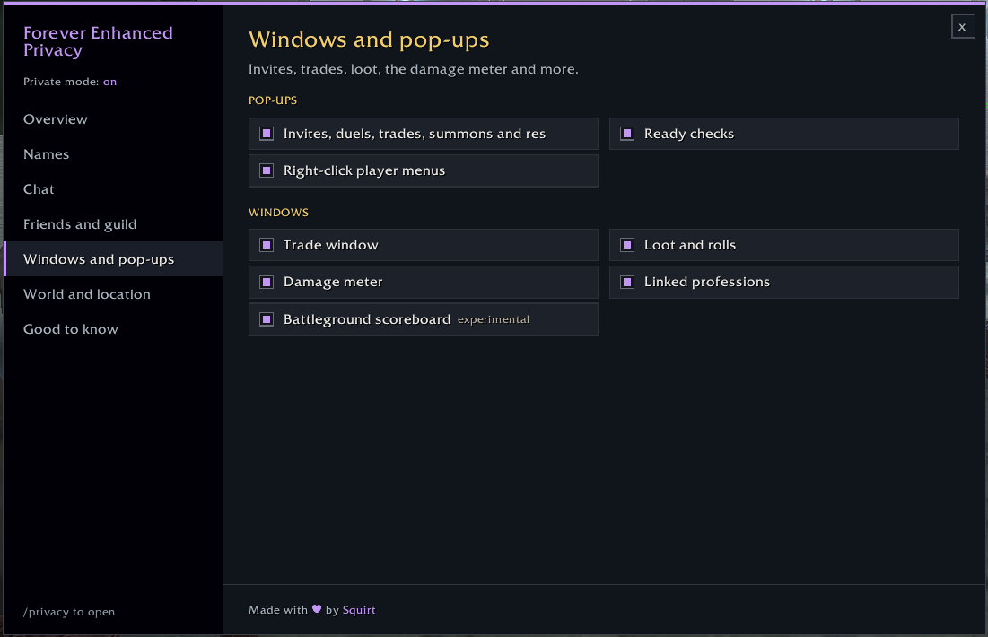 Windows and pop-ups settings