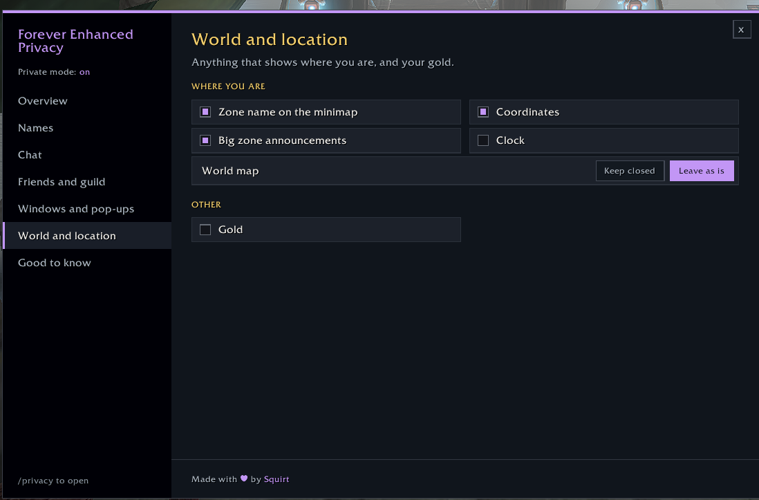 World and location settings