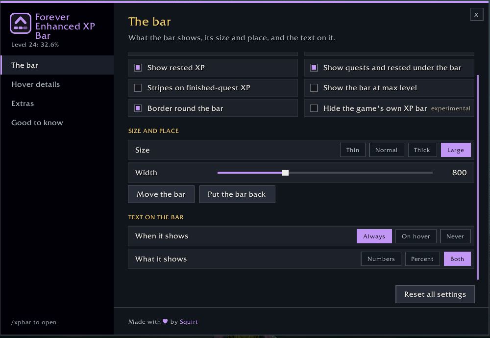 The bar page: what the bar shows, its size and place, and its text