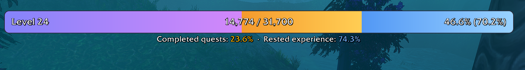 The XP bar: XP in violet, finished quests in amber, rested XP in blue