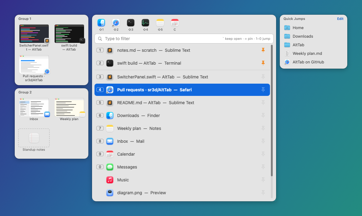 The switcher with Quick Launch, window groups and Quick Jumps