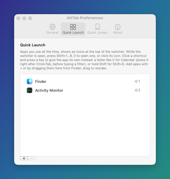 Quick Launch preferences
