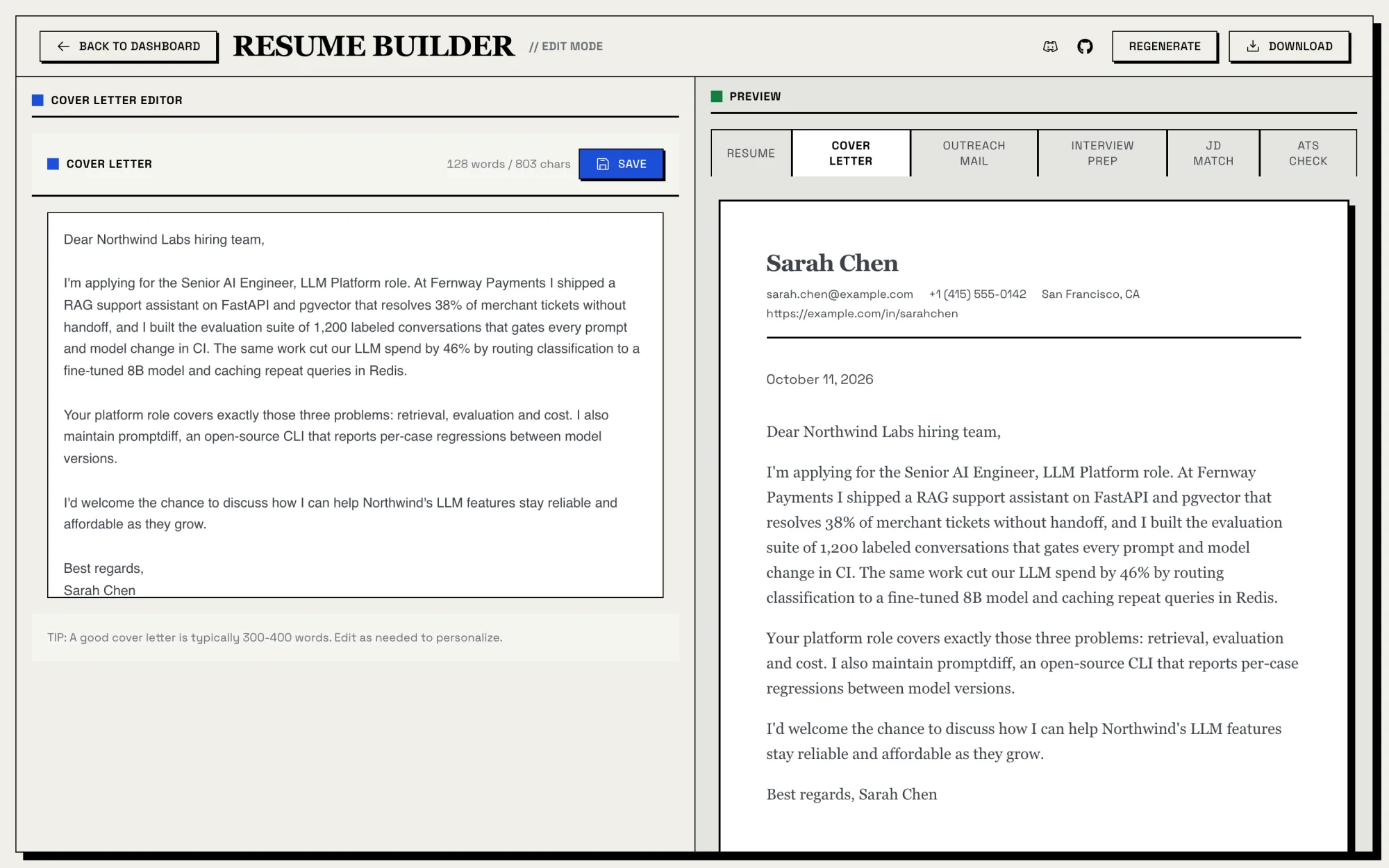 Cover letter editor next to its PDF preview