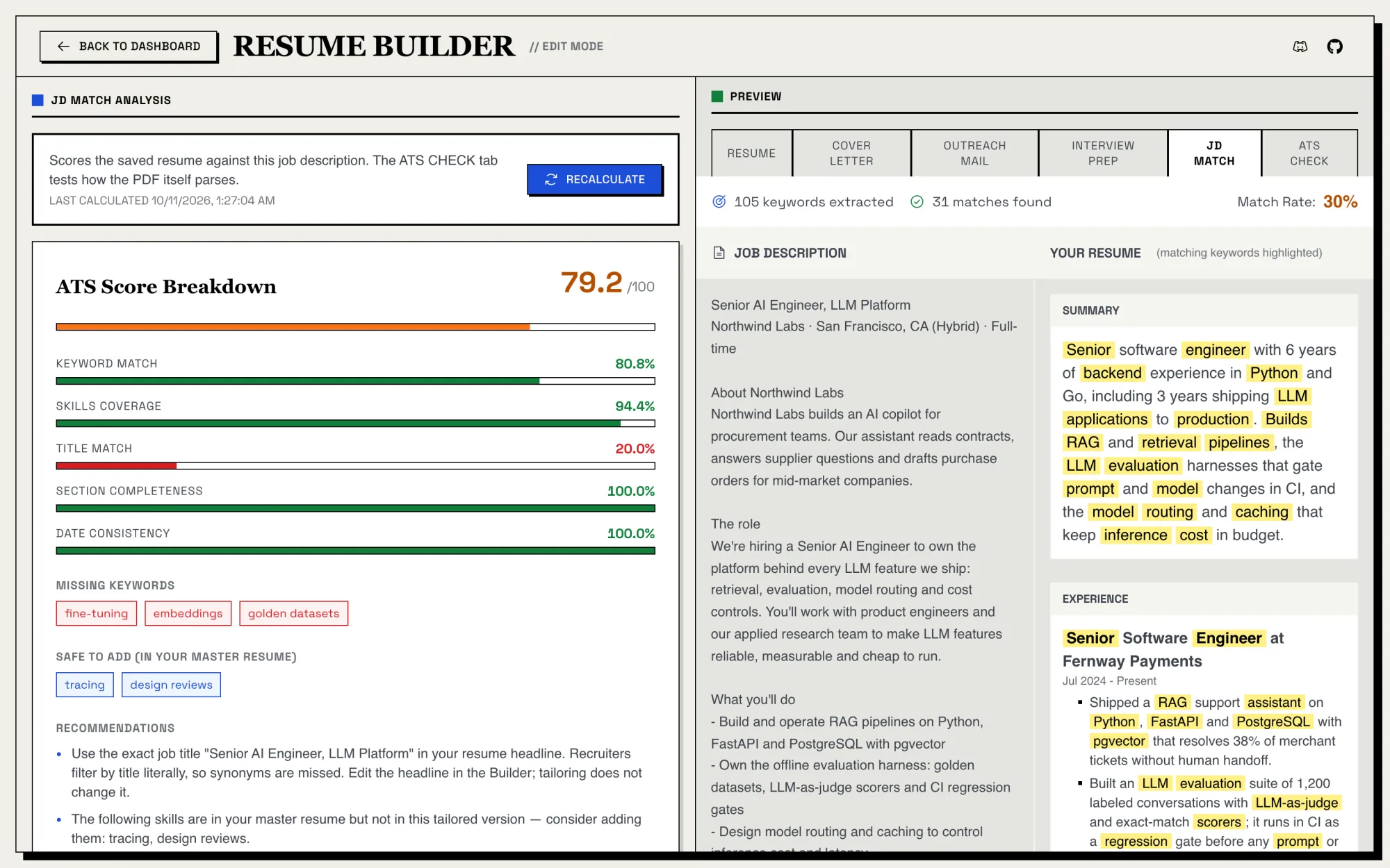 JD Match tab with the ATS score breakdown and matching keywords highlighted