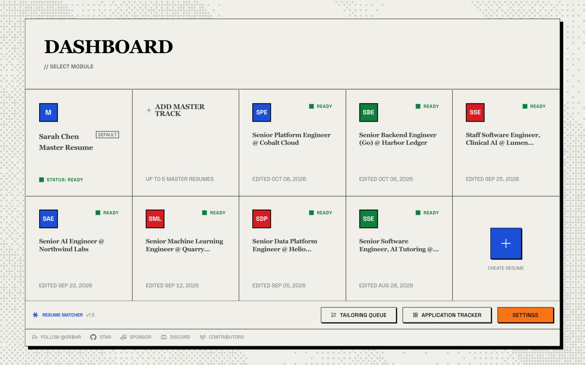 Dashboard with a master resume and seven tailored resumes