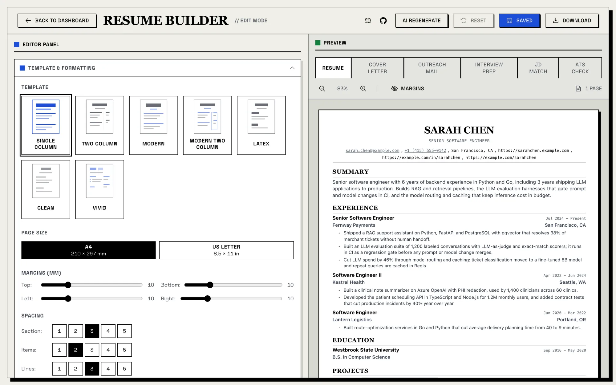 Resume Builder with the template picker and a live preview of a software engineer resume