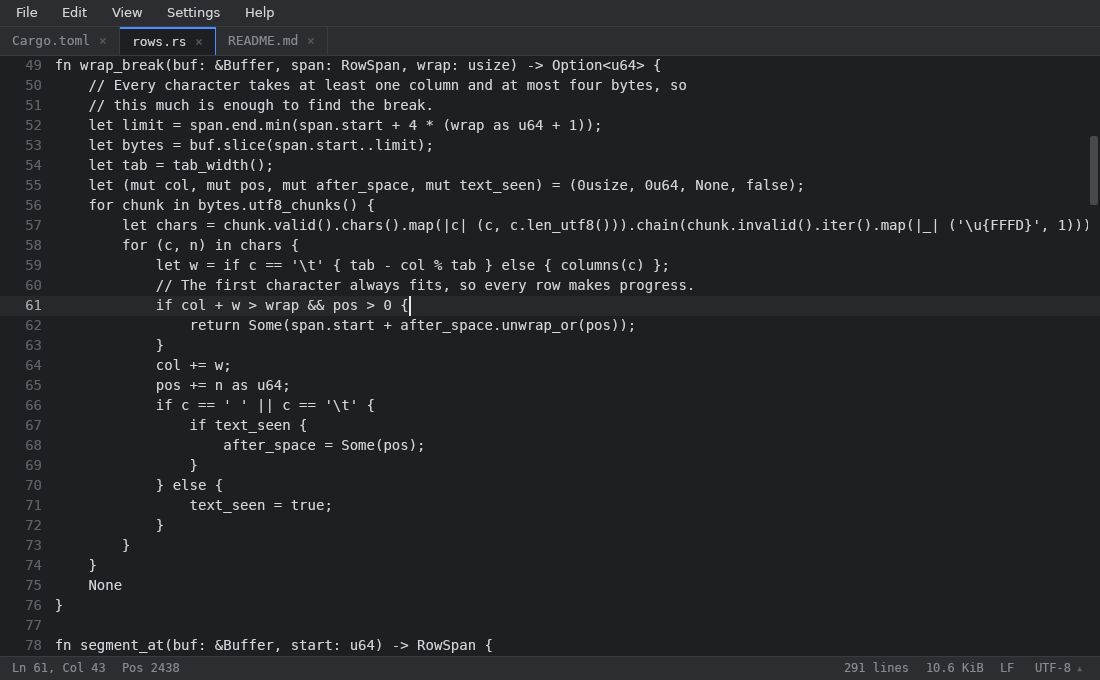Editing a Rust source file in the dark theme