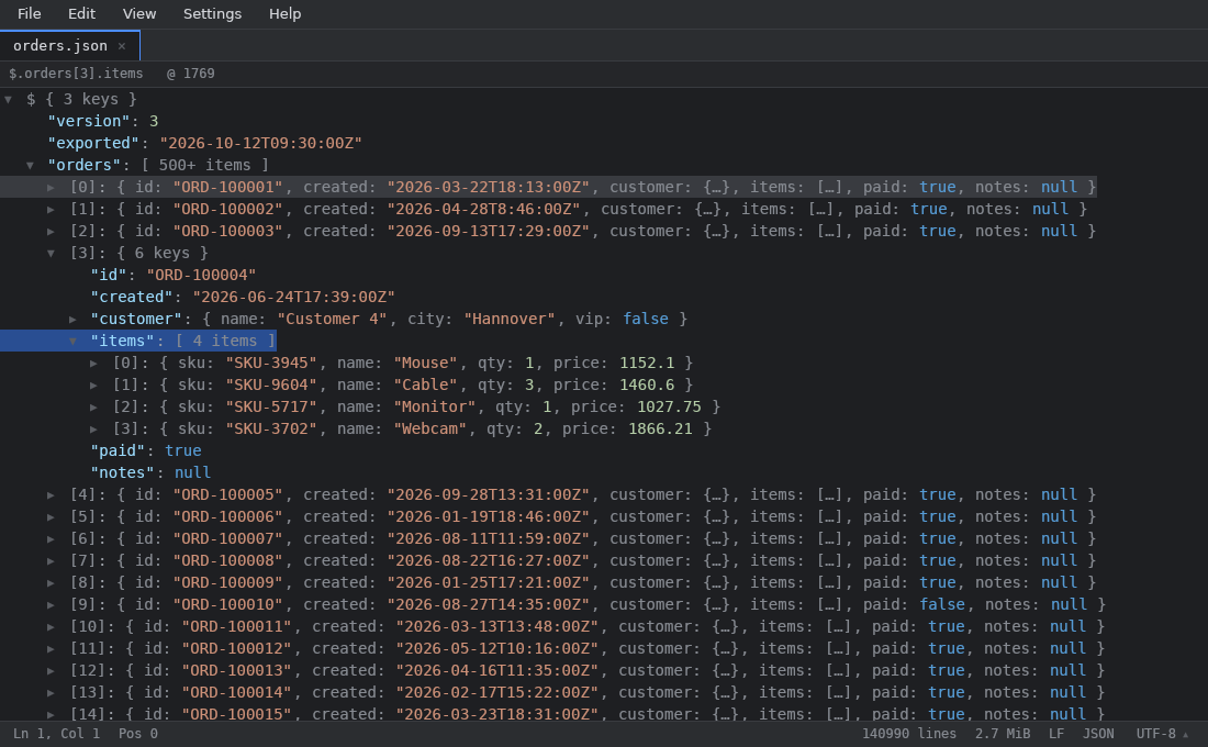 rustpad++ showing a 2.7 MiB JSON file as a tree in the dark theme