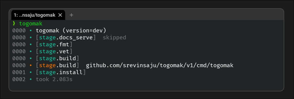 Screenshot of togomak build pipeline for togomak using togomak, dogfooding?