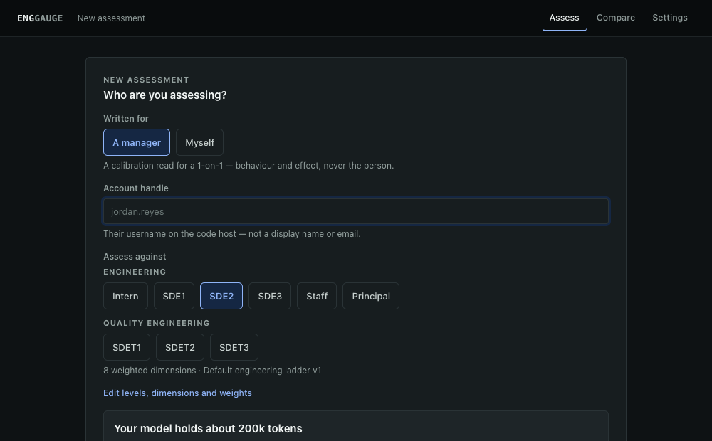 The new assessment form, showing the account handle field, the level picker grouped into Engineering and Quality engineering tracks, and the analysis window sliders.