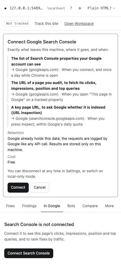 Connect Search Console: what leaves this machine