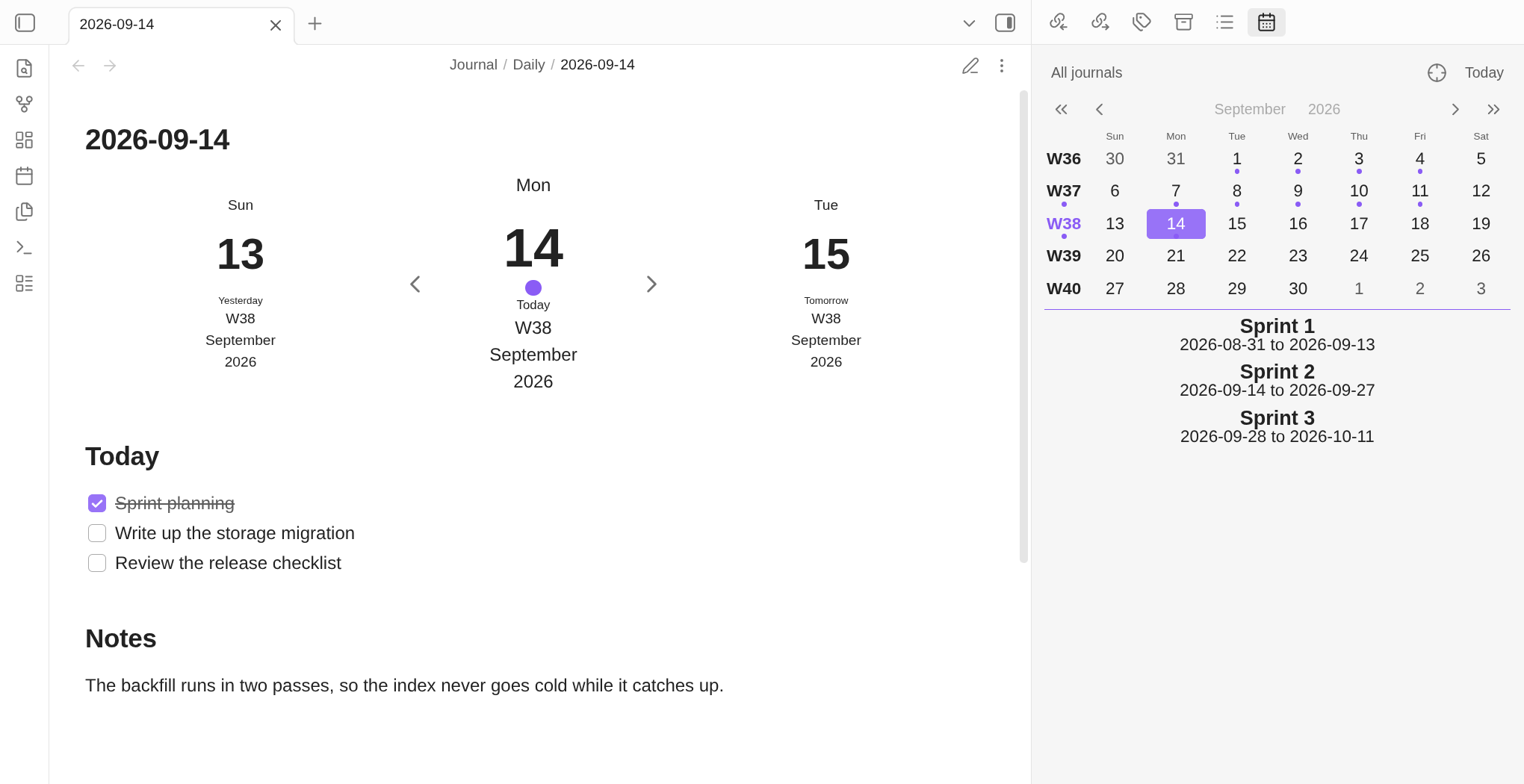 Obsidian with today's daily note open beside the Calendar view: a month grid marking the days that have notes, and the sprints of the current month