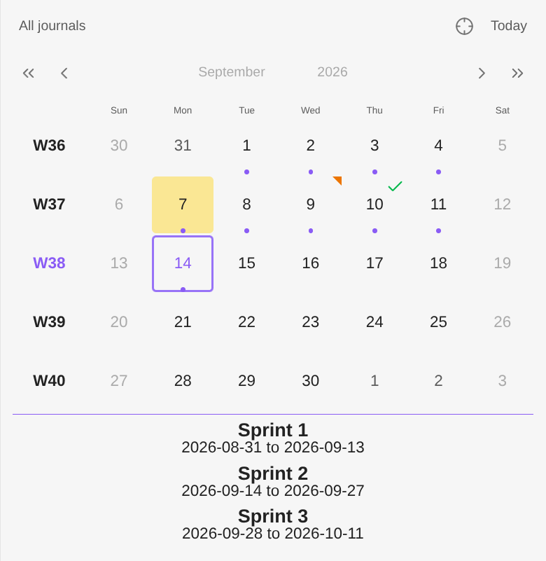 A month calendar with a highlighted holiday, a corner marking a day with open tasks, a check on a day whose tasks are done, and muted weekends