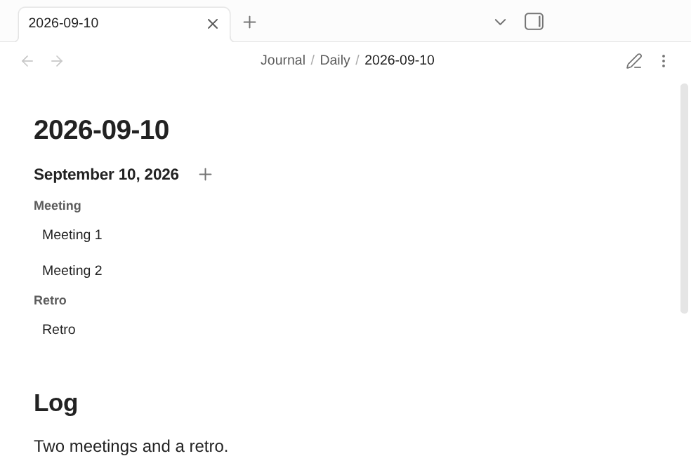 A daily note listing its notelets grouped by type: two meetings and a retro