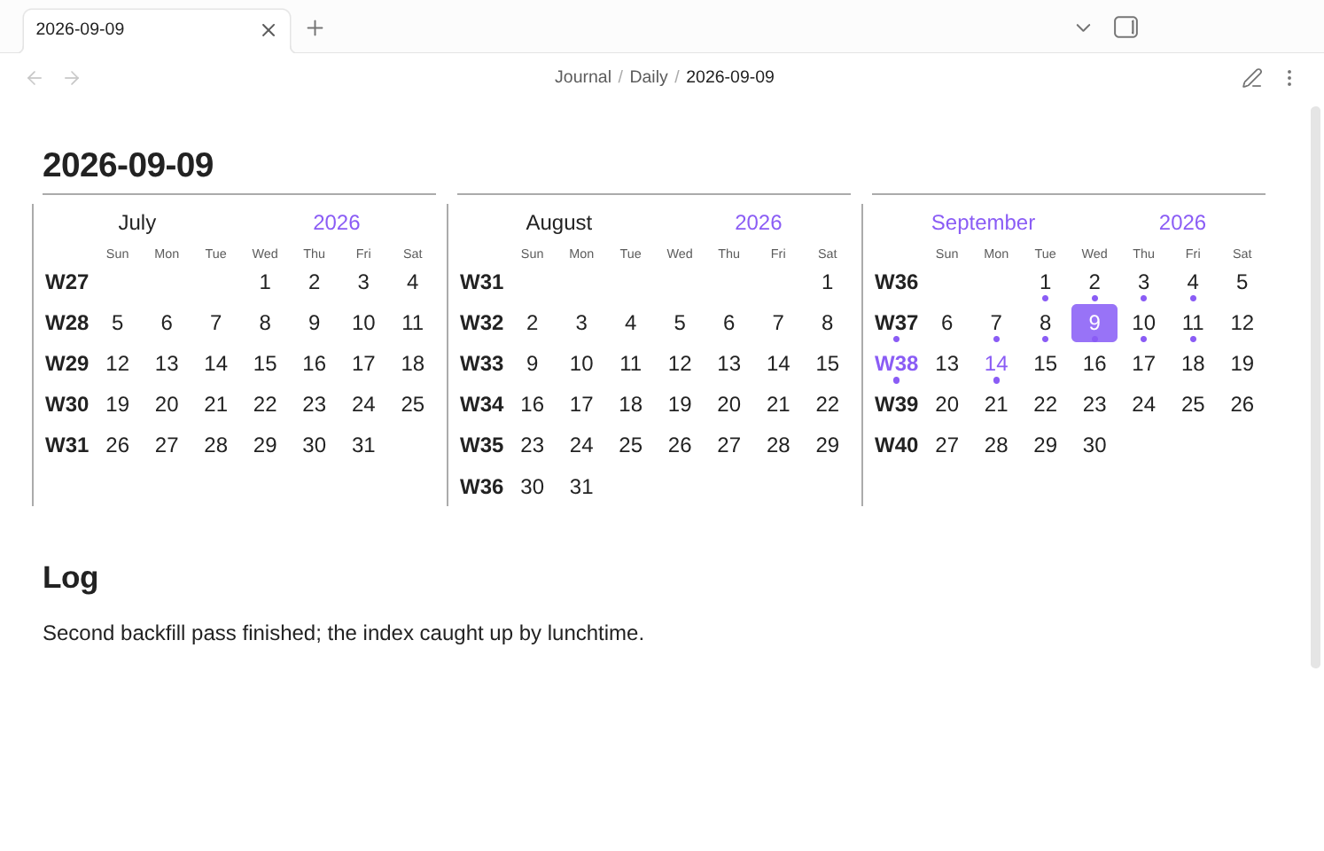 A note holding a quarter timeline: three month grids for July, August and September