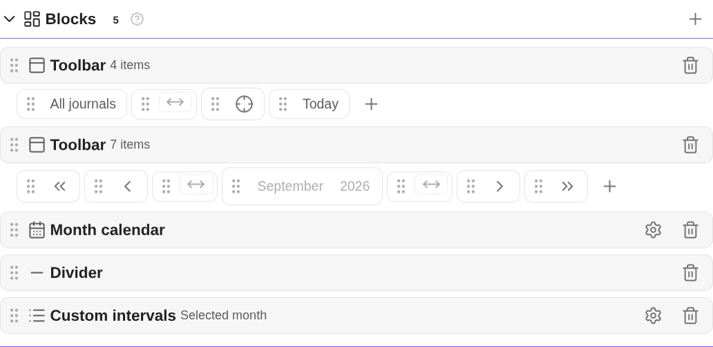 The Calendar view's settings, listing the blocks it is built from: two toolbars, a month calendar, a divider and a custom-intervals list