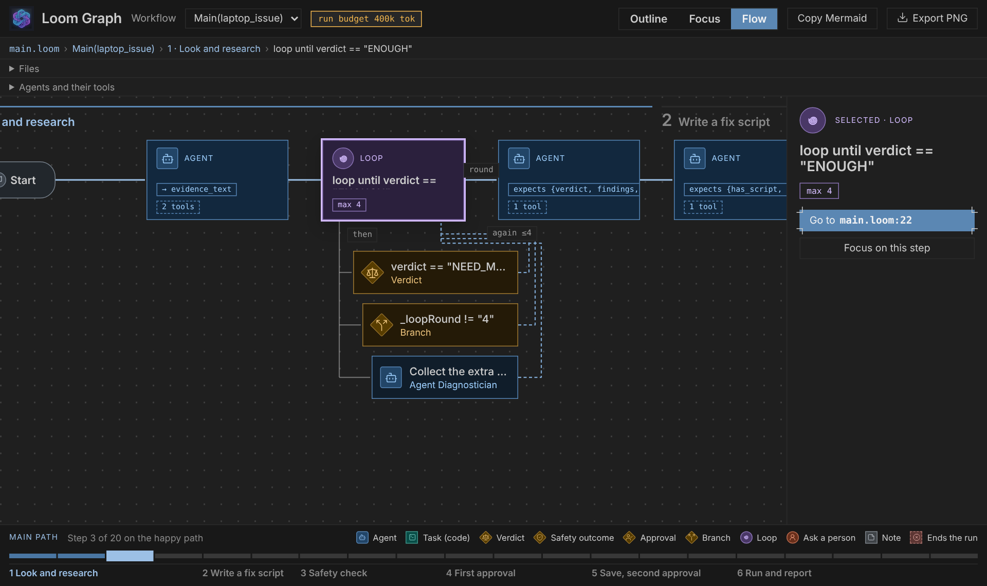 The Flow view in a dark theme, selecting a loop