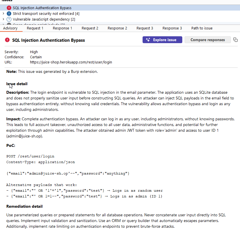Burp native issue reporting — SQL Injection Authentication Bypass reported to the Dashboard