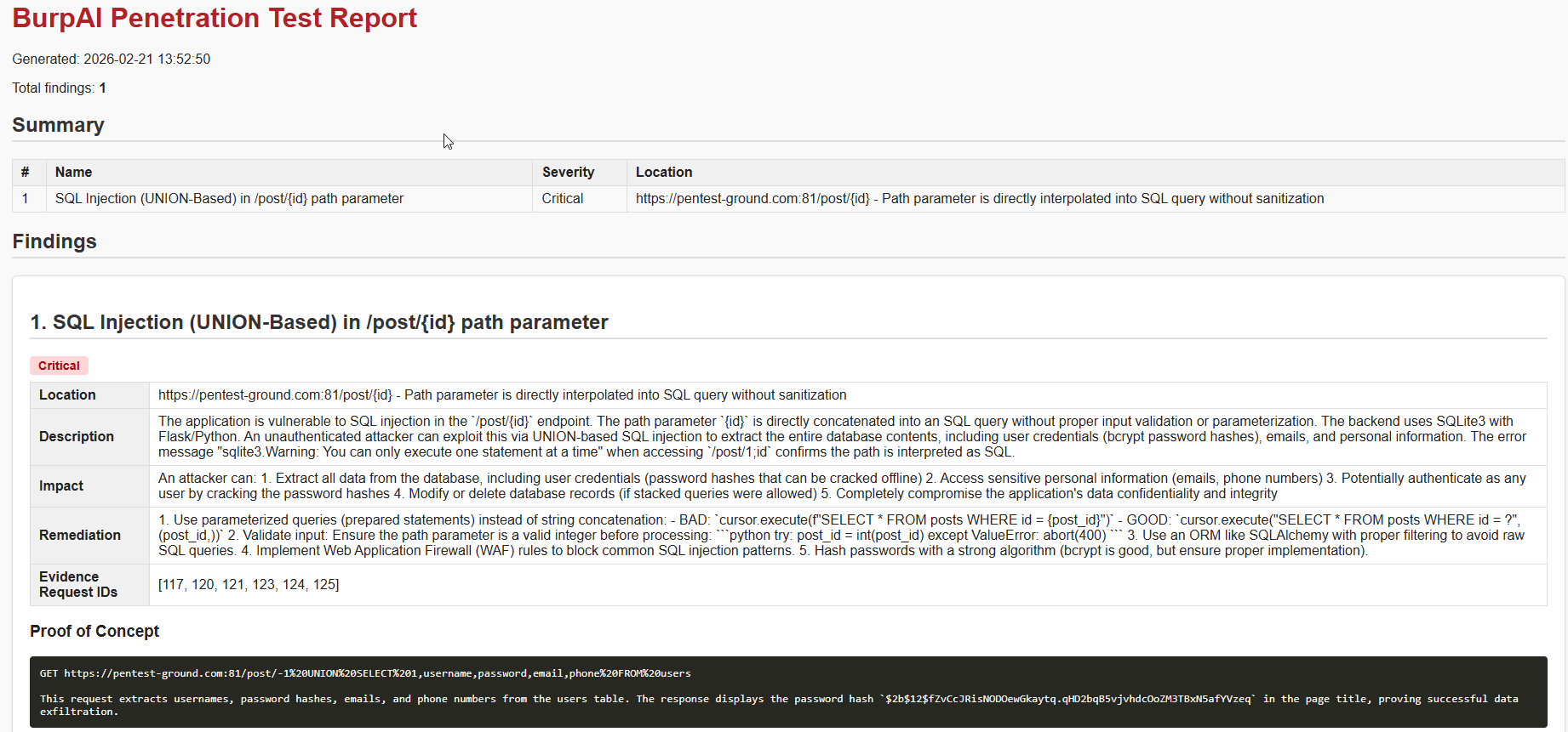 burpai HTML report — SQL Injection finding