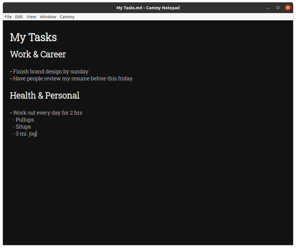 Cammy Editor Screenshot Task List Example (Dark Theme)
