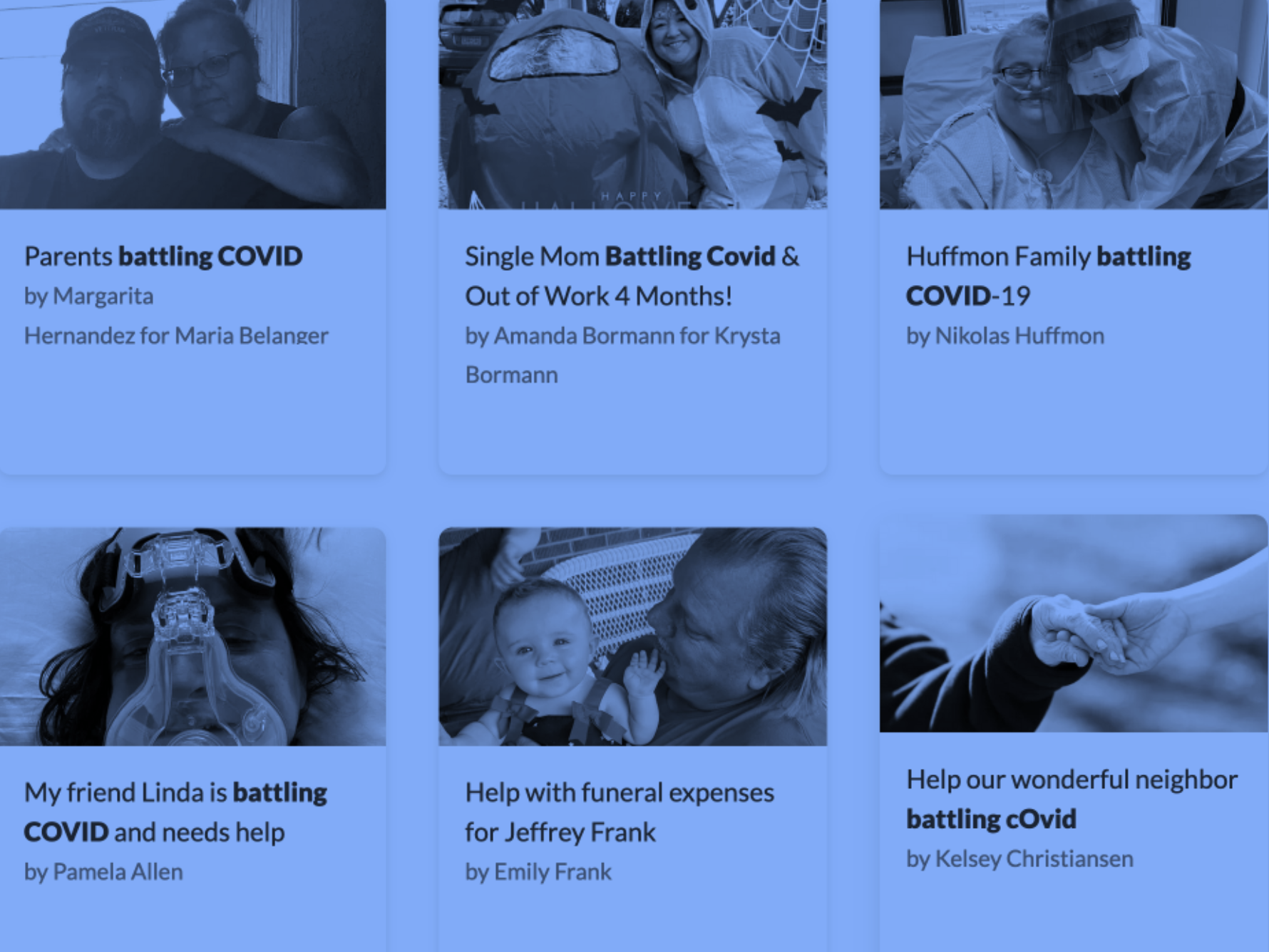 A grid of GoFundMe campaigns, with images of patients in hospitals and smiling families.