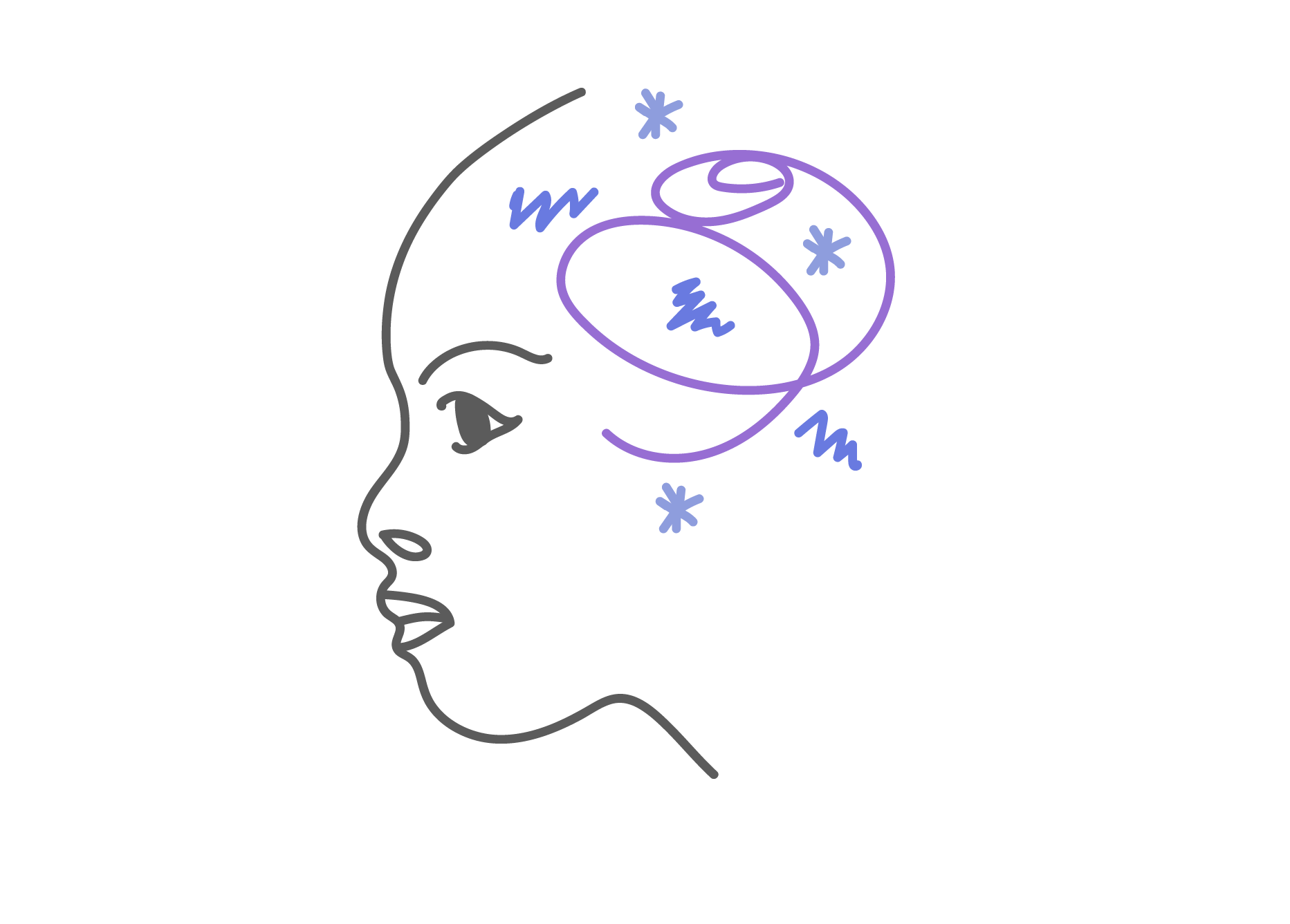 An illustration of a child's profile with blue and purple squiggles near head signifying mental health.