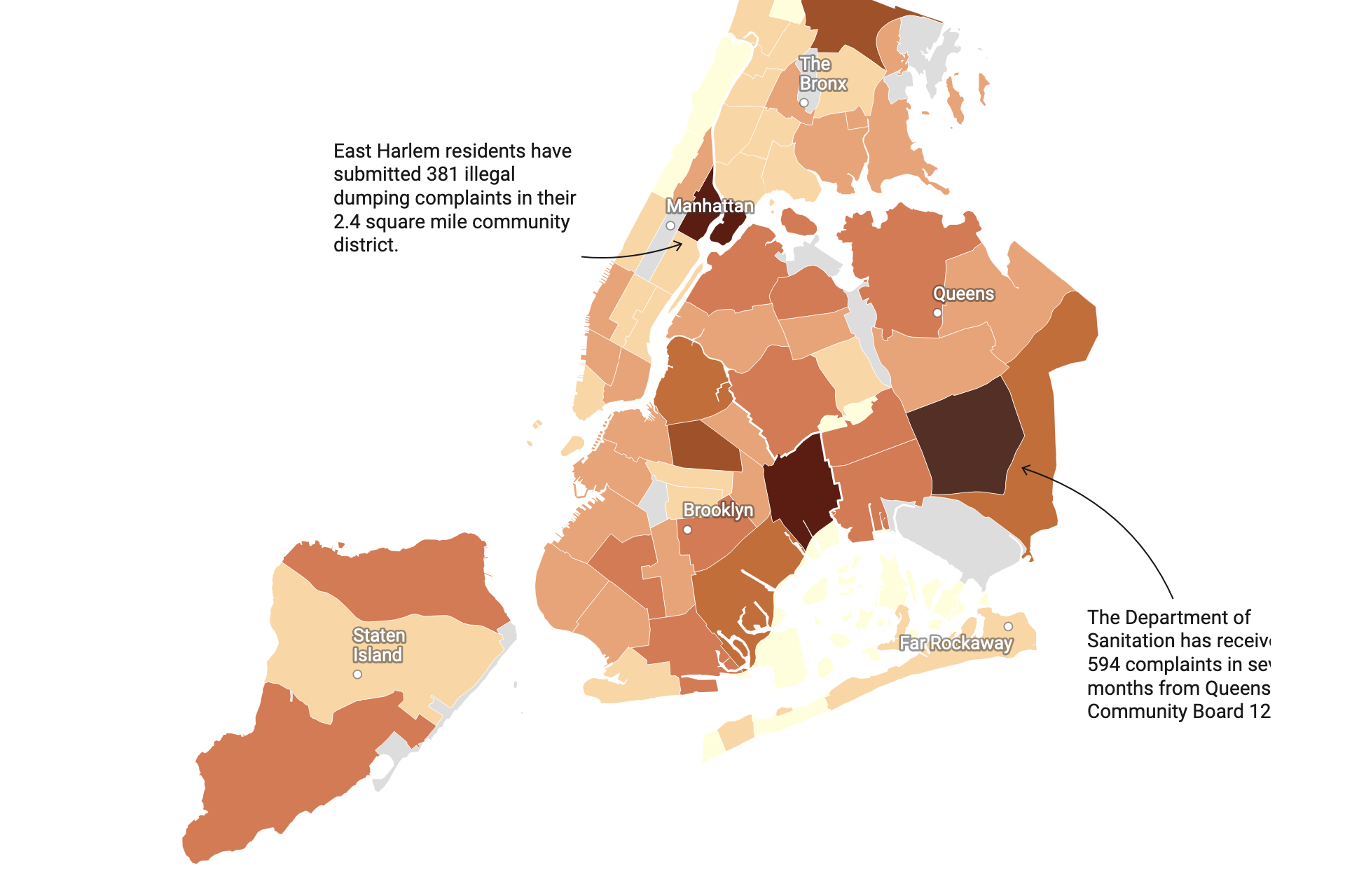 a choropleth map of New York City showing number of illegal dumping complaints to 311. The darkest concentrations are in East Harlem, Jamaica, East New York and Ozone Park.