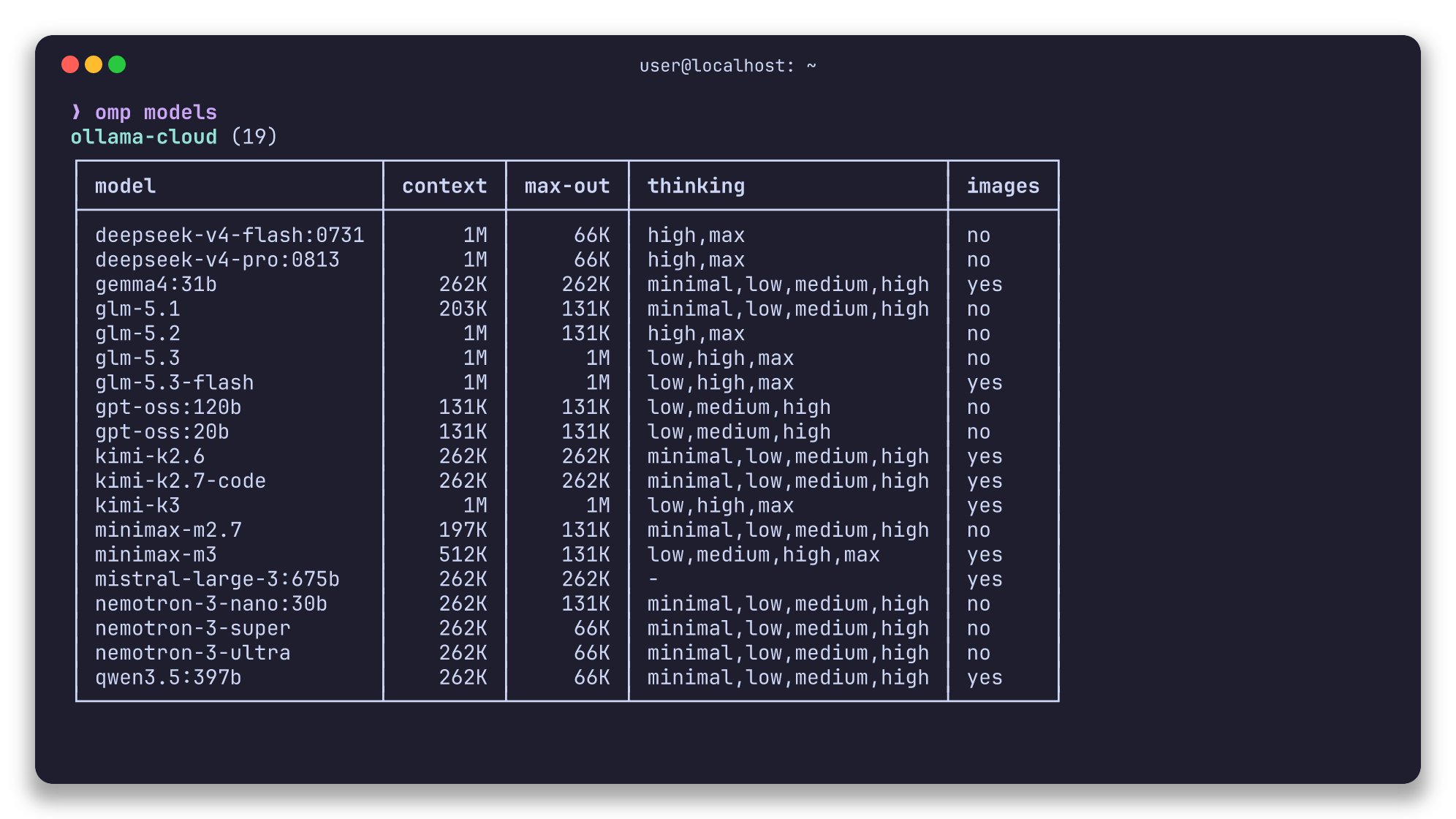 omp models listing 19 ollama-cloud models with context limits, thinking efforts, and image support