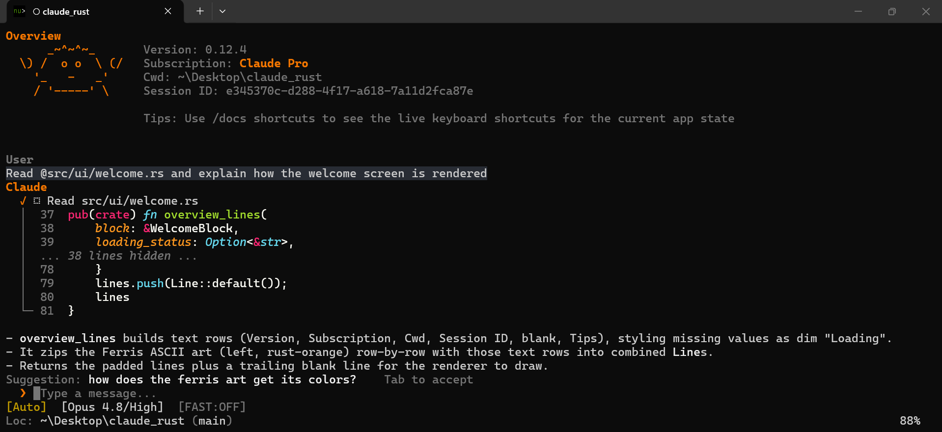 Claude Code Rust running a Read tool call with syntax-highlighted output