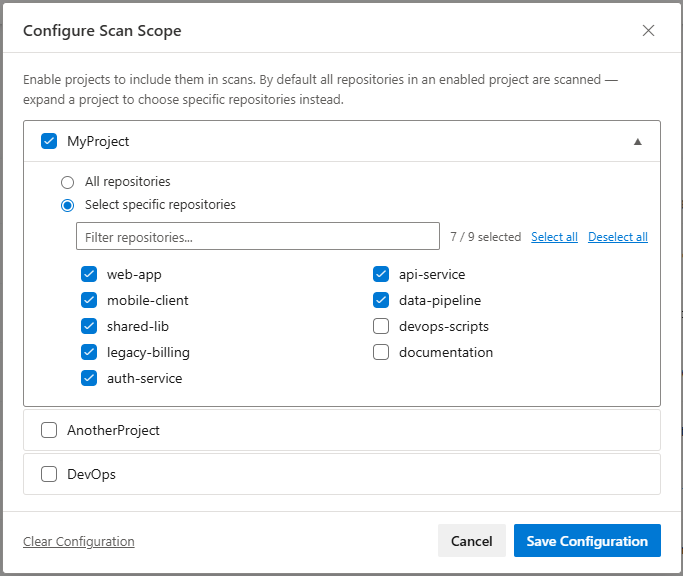 Configure Scan Scope panel