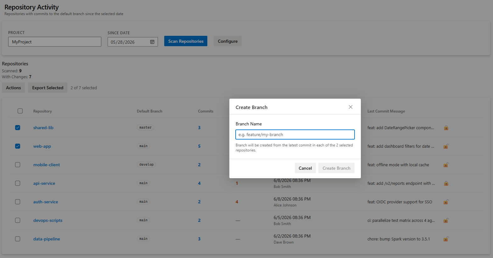Create Branch dialog