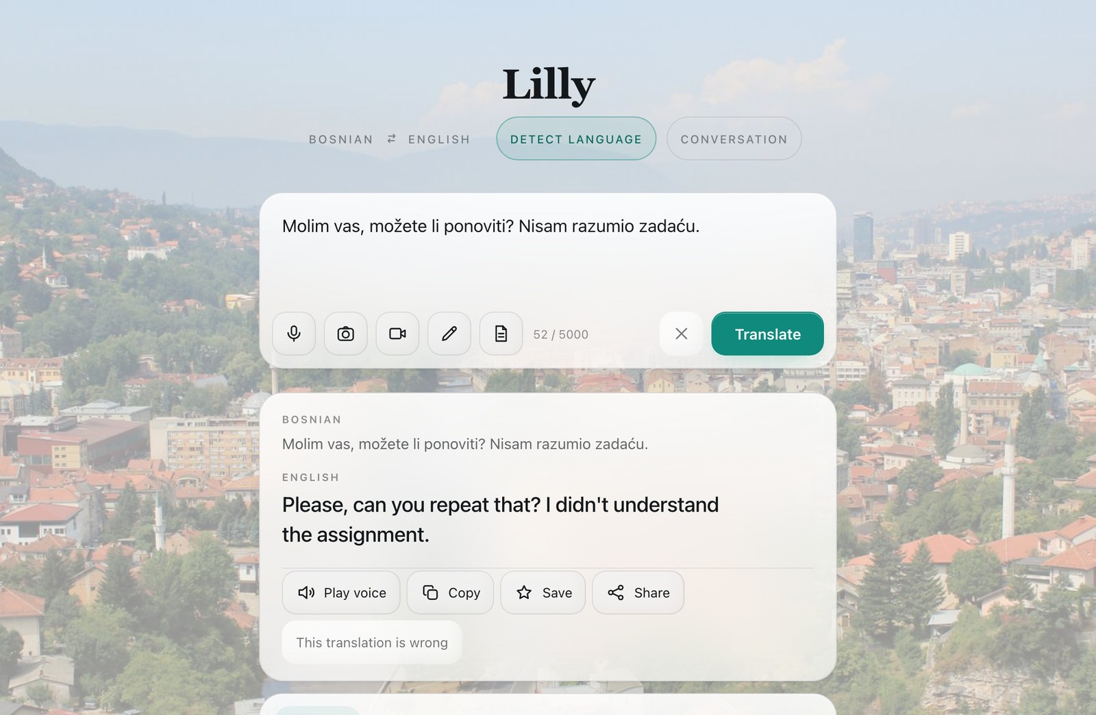 Lilly translating a Bosnian sentence into English