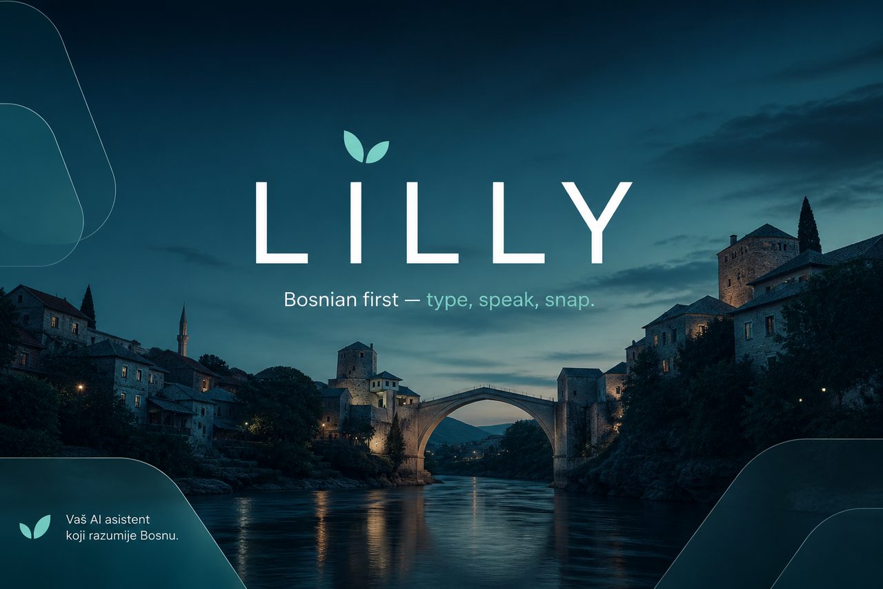 Lilly — an offline Bosnian translator, photographed over Mostar at dusk